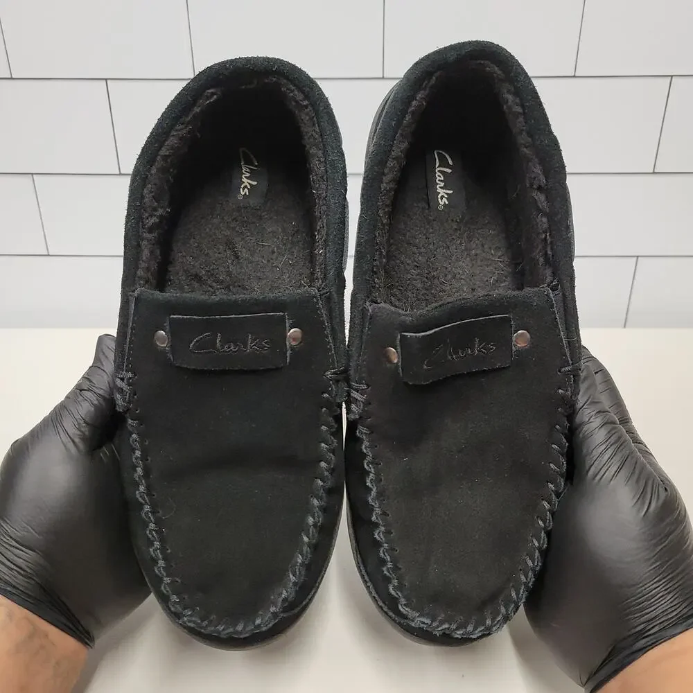 Clarks Andy Men's Black Suede Moccasin Slippers Size 11M Cozy Indoor Outdoor